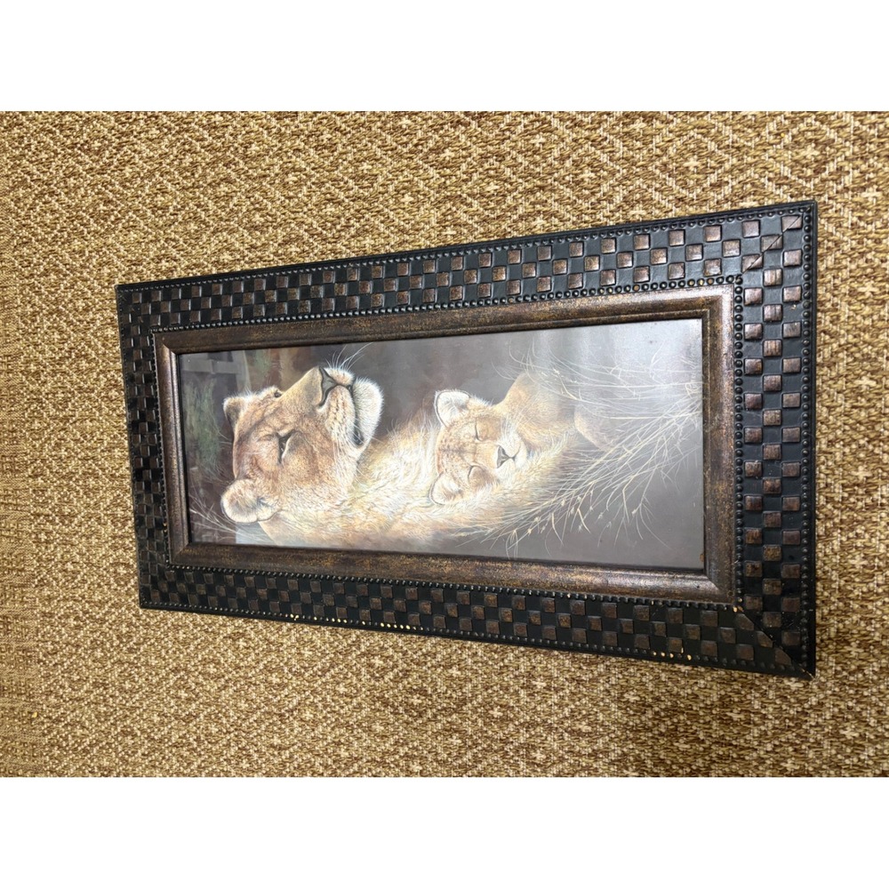 Framed Lioness and Cub Wildlife Art Print Textured Bronze Black Frame 25.5x12.5